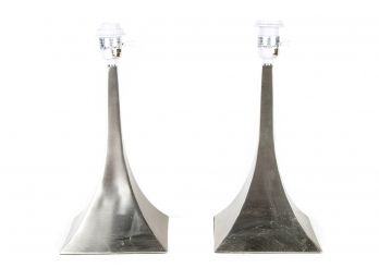 (87) Pair Of Brushed Aluminum Table Lamps