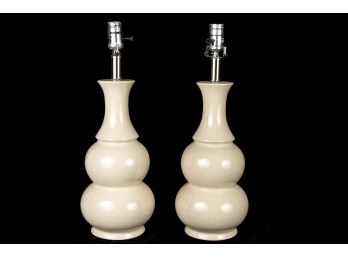 (93) Pair Of Crackle Finish Cream Ceramic Gourd Shaped Table Lamps