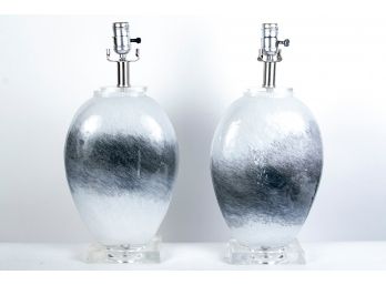 (18) Pair Of Grey And White Glass Table Lamps