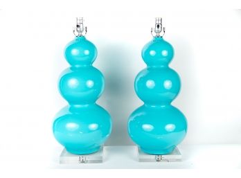 (91) Pair Of Large Turquoise Glass Gourd Shaped Table Lamps