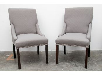 (15) Pair Of Gray Slope-arm Chrome Studded Accent Chairs