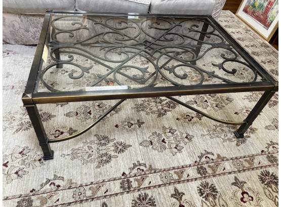 Ethan Allen Thick Glass Top Coffee Table With Metal Scroll Work Base