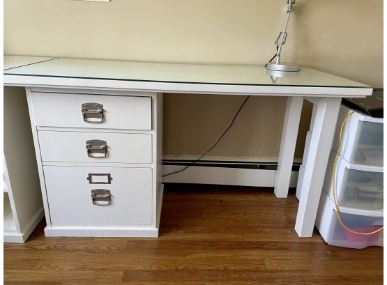 White Pottery Barn Desk With Custom Glass Top