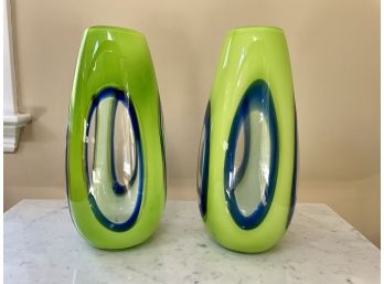 Pair Of Lime Green & Clear Blown Glass Vases With Blue Accents