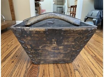 Antique Wood Bucket With Handle & Metal Accents