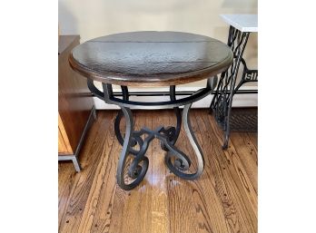 Unique Painted Leather Round Side Table With Iron Base