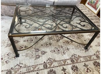 Ethan Allen Thick Glass Top Coffee Table With Metal Scroll Work Base