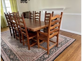 Well Constructed Trestle Dining Table With Eight Ladder Back Chairs