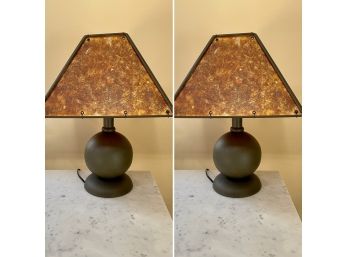 Pair Of Unique Lamps With Marbled Bronze Colored Parchment Shades