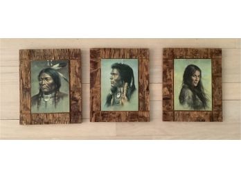 Vintage Wooden Artwork Portraits Of Three Native Americans Signed By Bill Hampton American Artist