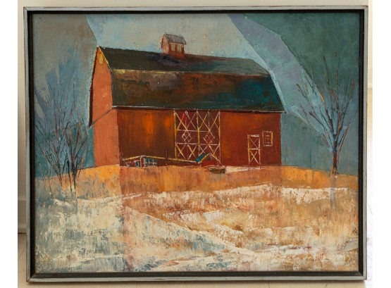 Framed Vintage Red Barn Landscape Oil On Canvas - Signed B Williams
