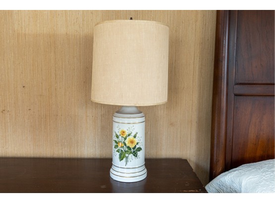 Vintage Porcelain Ceramic Table Lamp With Yellow Rose Design And Gilt Accents