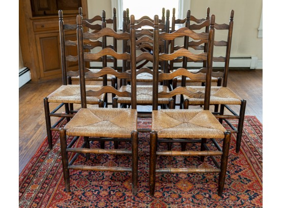 Set Of 8 Oak Wavy Ladder Back Dining Chairs  W Rush Seats