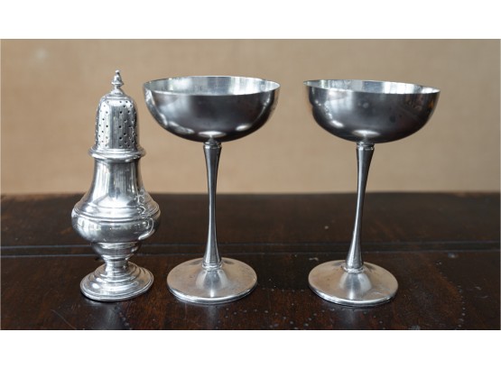 Italian Godinger Silver Plate Goblets And Powdered Ginger Shaker