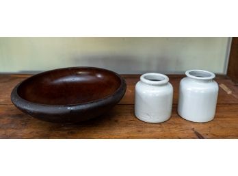 LAB Lagney Vintage French Glazed Stoneware Jars And Wooden Bowl
