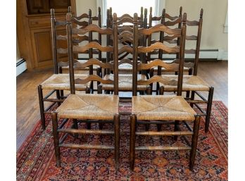 Set Of 8 Oak Wavy Ladder Back Dining Chairs  W Rush Seats