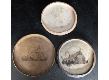 Three Studio Ceramic Pottery Plates Depicting Animals And St Johns Chappaqua Church