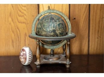 Vintage Old World Globe, Zodiac Signs In Wooden Stand And Hand Painted Egg Shaped Decor
