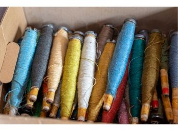 Box Of Colorful Linen Thread Spools