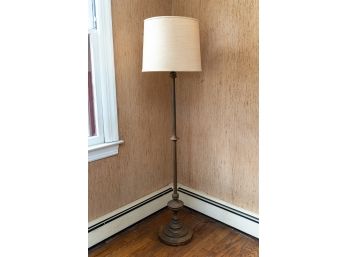 Antique Turned Wooden Floor Lamp W Linen Drum Shade