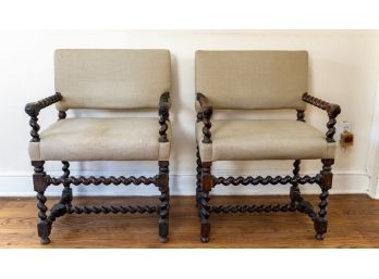 Pair Of 19th Century Carved Barley Twist Armchairs W Linen Upholstery