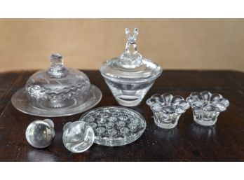 Glass Flower Frog, Candle Holders, Lidded Dishes And Stoppers