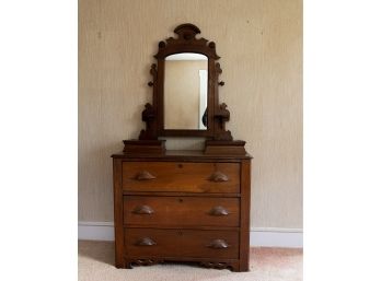 Antique Dresser With Carved Top Mirror, Carved Wooden Drawer Pulls And Dovetail Jointed Drawers