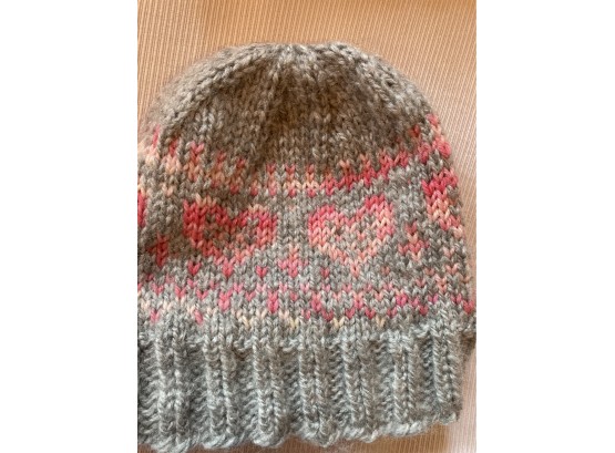 Pink, Light Pink In Grey For Smiley Faced Hearts Of Pink Hand Knitted Hat Pretty Design