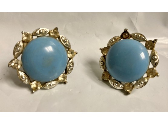 Vintage Blue Stone Earrings Surrounded By A Silver Design With 6 Yellow Stones