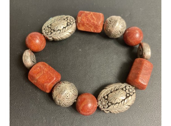 Agate Or Red Turquoise With Silver Stones