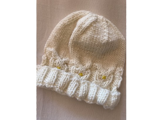Nice White Hand Knitted Hat With Owls In The Design Nicely Done
