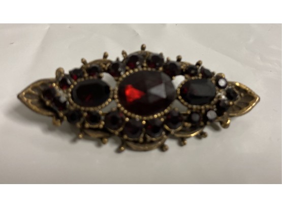 Vintage Golden With Red Faceted Rhinestones Brooch