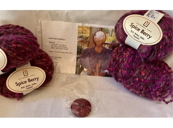 4 Balls Of Universal Yard Spice Berry Mohair Blend  With Pattern For A Shwl And The Button Too Very Nice