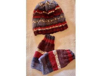 Match Hat And Fingerless Mittens Hand Knitted