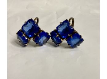 Vintage 3 Faceted Blue Stone Screw On Earrings