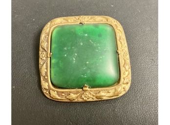 Vintage Brooch With Green Center Surrounded By Golden Metal