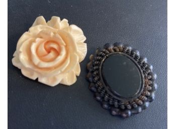 Vintage Creamy Colored Rose And A Black Brooch Missing The Pin On The Back