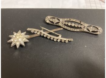 3 Random Pins In Silver Type Metal And Sterling With Rhinestones