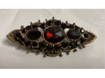 Vintage Golden With Red Faceted Rhinestones Brooch