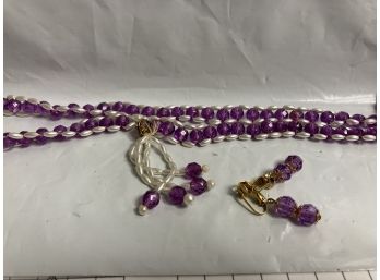 Purple And White Beads Necklace And A Pair Of Earrings