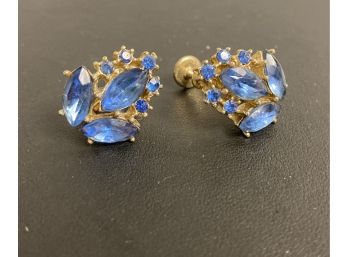 Vintage Pretty Blue Rhinestone Screw On Earrings