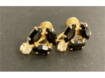 Vintage Screw Back Golden Earrings With White And Black(?) Stones