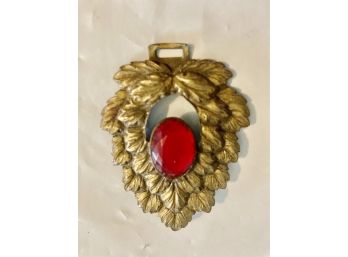 Vintage One Half Of A Buckle Or Sash Nice Leaf Pattern With Beautiful Red Stone