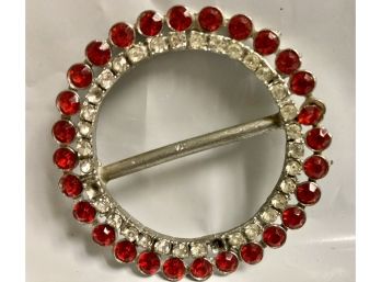 Vintage Sash Buckle For A Scarf Or Waist Belt White Rhinestones Surrounded By Red Rhinestones