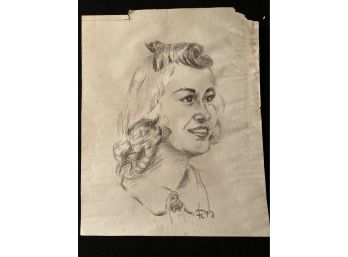 Vintage Hand Drawn 3/4 View Portrait Of Woman - Signed R.M. Black Pencil