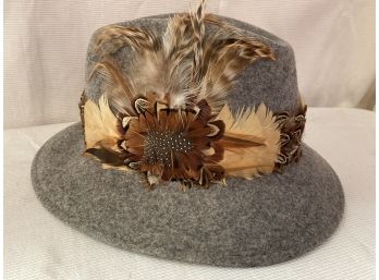 Vintage Doeskin Felt 100 Wool Grey Hat With Feathers