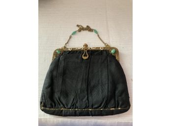 Small Black Purse With Ornate Edging And Turquoise Stones