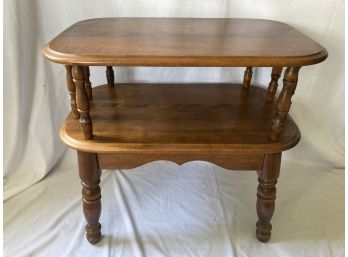 Two Tier Wooden Side Table With Unique Spindle Posts