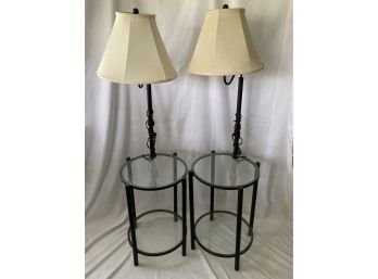 Pair Of Matching Glass Side Tables With Attached Lamps