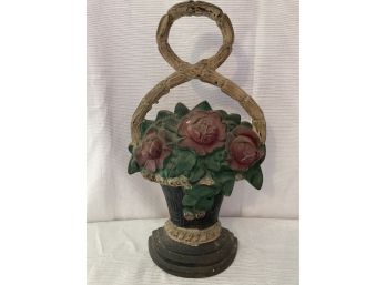 Antique Three Red Rose Flower Basket Cast Iron Doorstop
